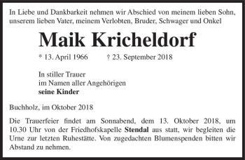 Traueranzeige von Maik Kricheldorf  von Magdeburger Volksstimme