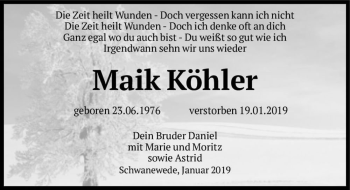Traueranzeige von Maik Köhler  von Magdeburger Volksstimme