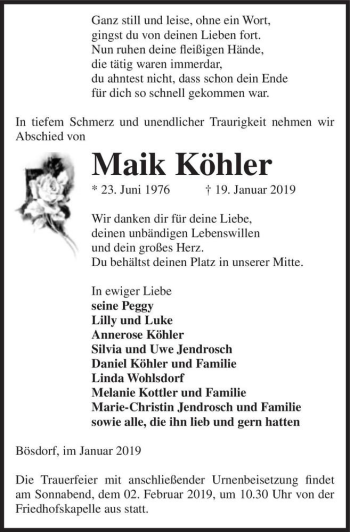 Traueranzeige von Maik Köhler  von Magdeburger Volksstimme