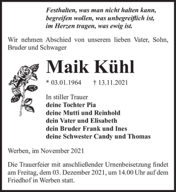 Traueranzeige von Maik Kühl  von Magdeburger Volksstimme