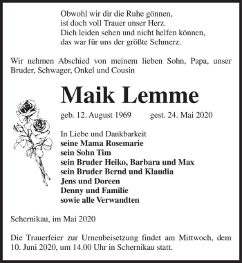 Traueranzeige von Maik Lemme  von Magdeburger Volksstimme