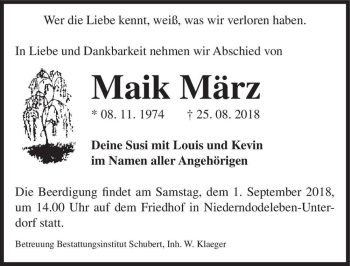 Traueranzeige von Maik März  von Magdeburger Volksstimme