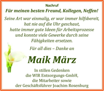 Traueranzeige von Maik März  von Magdeburger Volksstimme