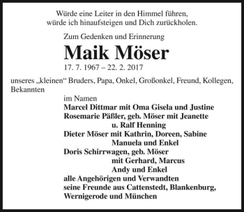 Traueranzeige von Maik Möser  von Magdeburger Volksstimme