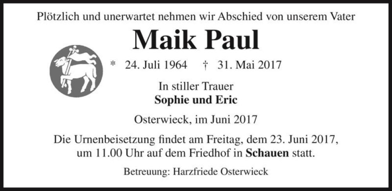  Traueranzeige für Maik Paul  vom 10.06.2017 aus Magdeburger Volksstimme