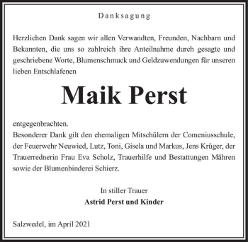 Traueranzeige von Maik Perst  von Magdeburger Volksstimme