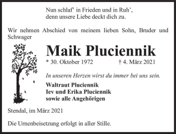 Traueranzeige von Maik Pluciennik  von Magdeburger Volksstimme