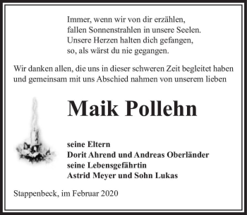 Traueranzeige von Maik Pollehn  von Magdeburger Volksstimme