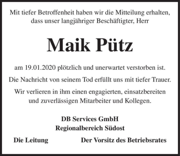 Traueranzeige von Maik Pütz  von Magdeburger Volksstimme