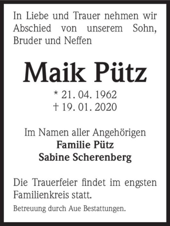 Traueranzeige von Maik Pütz  von Magdeburger Volksstimme