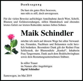 Traueranzeige von Maik Schindler  von Magdeburger Volksstimme