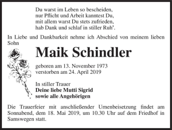 Traueranzeige von Maik Schindler  von Magdeburger Volksstimme
