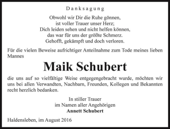 Traueranzeige von Maik Schubert  von Magdeburger Volksstimme