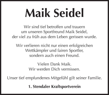 Traueranzeige von Maik Seidel  von Magdeburger Volksstimme