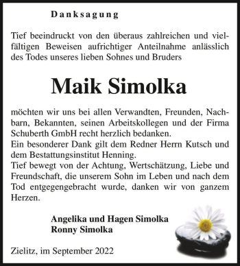 Traueranzeige von Maik Simolka  von Magdeburger Volksstimme