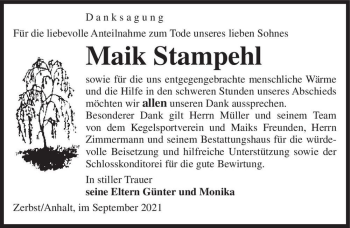 Traueranzeige von Maik Stampehl  von Magdeburger Volksstimme