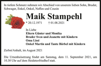 Traueranzeige von Maik Stampehl  von Magdeburger Volksstimme