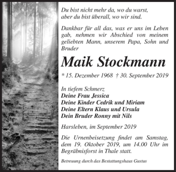 Traueranzeige von Maik Stockmann  von Magdeburger Volksstimme
