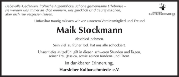Traueranzeige von Maik Stockmann  von Magdeburger Volksstimme