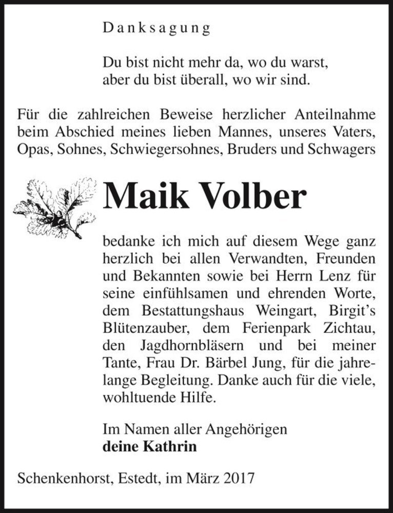  Traueranzeige für Maik Volber  vom 01.04.2017 aus Magdeburger Volksstimme