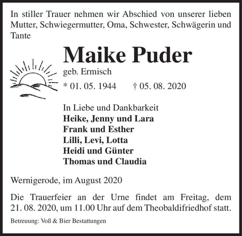  Traueranzeige für Maike Puder (geb. Ermisch)  vom 19.08.2020 aus Magdeburger Volksstimme