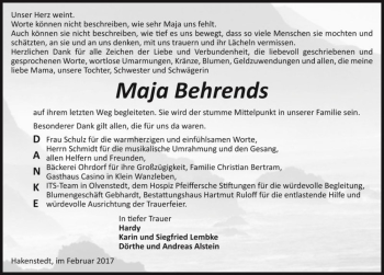 Traueranzeige von Maja Behrends  von Magdeburger Volksstimme