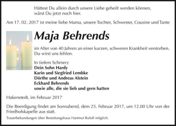 Traueranzeige von Maja Behrends  von Magdeburger Volksstimme