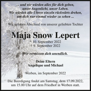 Traueranzeige von Maja Snow Lepert  von Magdeburger Volksstimme