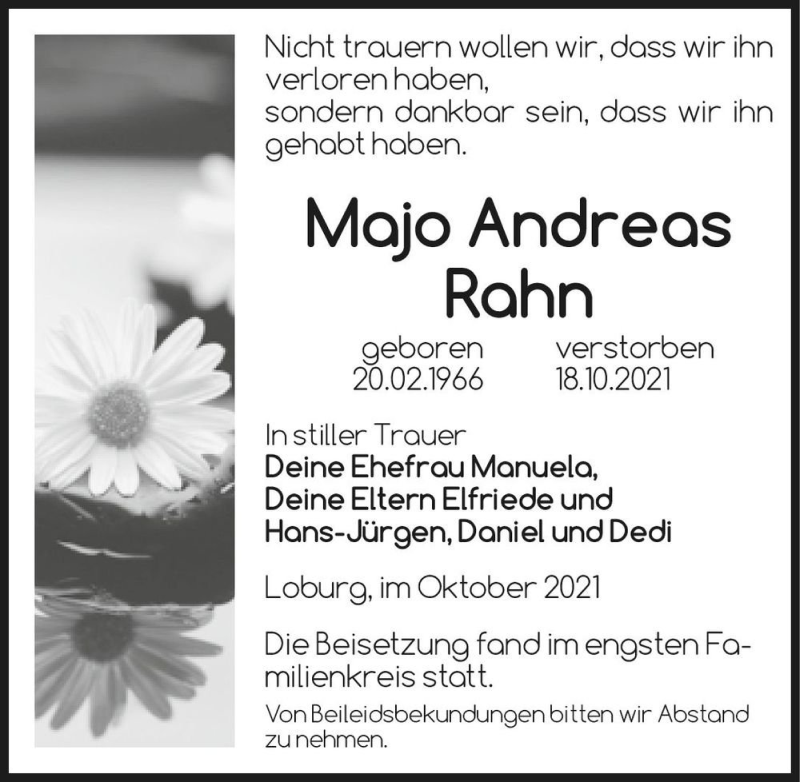  Traueranzeige für Majo Andreas Rahn  vom 09.11.2021 aus Magdeburger Volksstimme