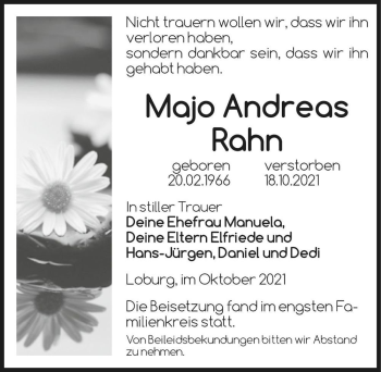 Traueranzeige von Majo Andreas Rahn  von Magdeburger Volksstimme
