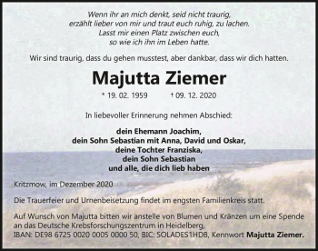 Traueranzeige von Majutta Ziemer  von Magdeburger Volksstimme