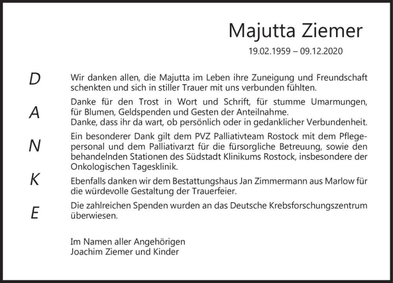  Traueranzeige für Majutta Ziemer  vom 16.01.2021 aus Magdeburger Volksstimme