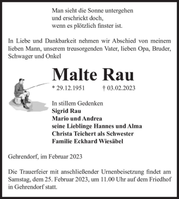 Traueranzeige von Malte Rau  von Magdeburger Volksstimme