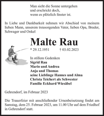 Traueranzeige von Malte Rau  von Magdeburger Volksstimme
