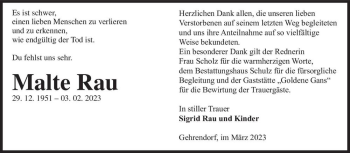 Traueranzeige von Malte Rau  von Magdeburger Volksstimme