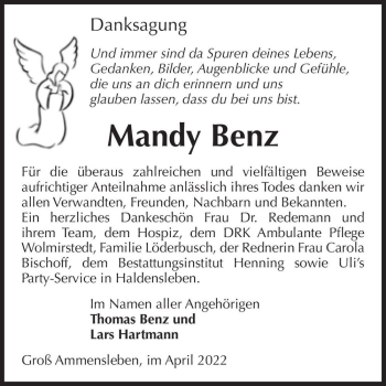Traueranzeige von Mandy Benz  von Magdeburger Volksstimme