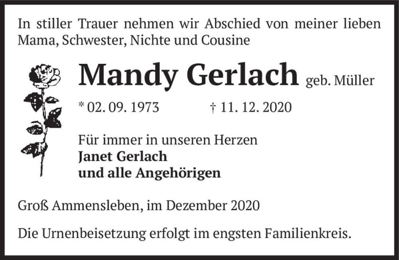  Traueranzeige für Mandy Gerlach (geb. Müller)  vom 23.12.2020 aus Magdeburger Volksstimme