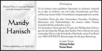 Traueranzeige von Mandy Hanisch  von Magdeburger Volksstimme