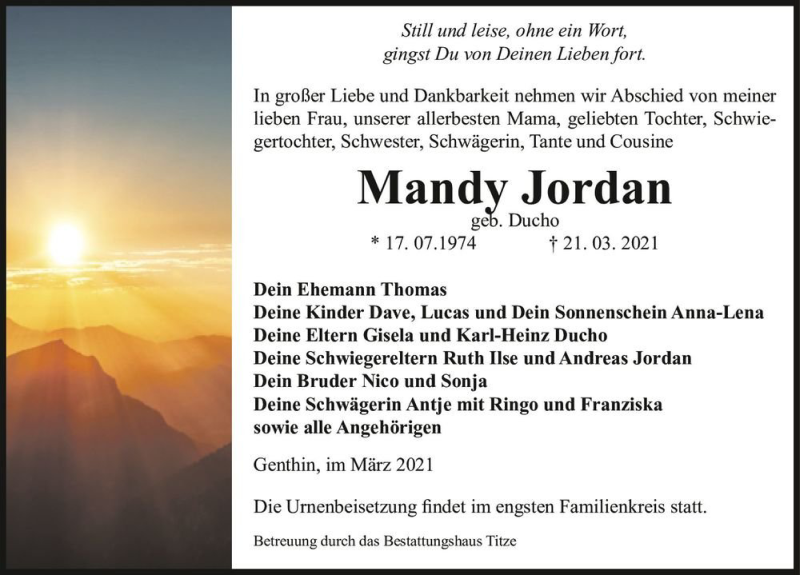  Traueranzeige für Mandy Jordan (geb. Ducho)  vom 03.04.2021 aus Magdeburger Volksstimme