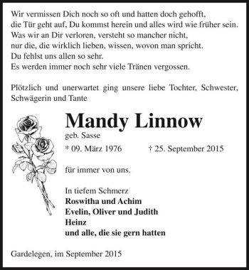 Traueranzeige von Mandy Linnow (geb. Sasse)  von Magdeburger Volksstimme