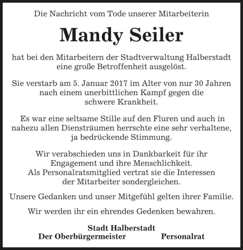  Traueranzeige für Mandy Seiler  vom 18.01.2017 aus Magdeburger Volksstimme