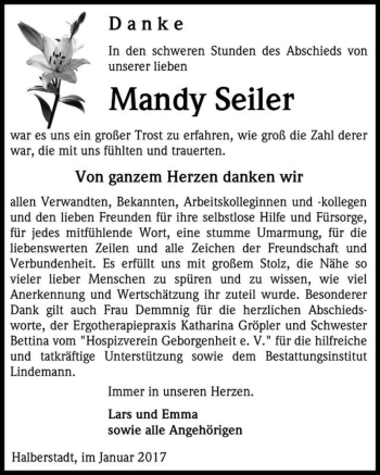 Traueranzeige von Mandy Seiler  von Magdeburger Volksstimme