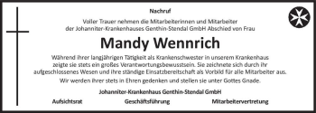 Traueranzeige von Mandy Wennrich  von Magdeburger Volksstimme