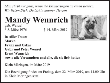 Traueranzeige von Mandy Wennrich (geb. Wenzel)  von Magdeburger Volksstimme