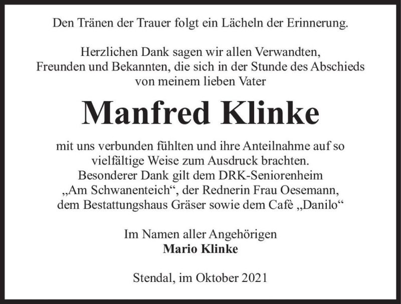  Traueranzeige für Manfed Klinke  vom 27.10.2021 aus Magdeburger Volksstimme