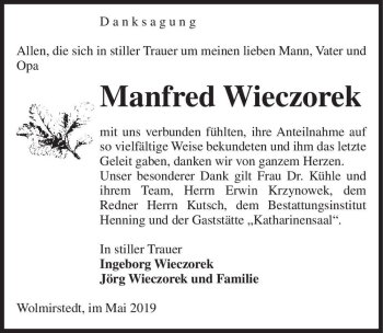 Traueranzeige von Manfre Wieczorek  von Magdeburger Volksstimme