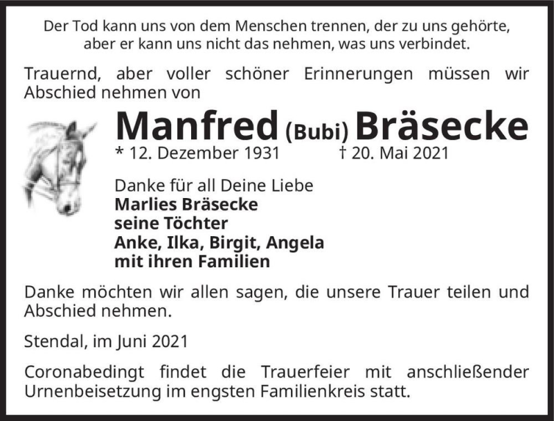  Traueranzeige für Manfred (Bubi) Bräsecke  vom 03.06.2021 aus Magdeburger Volksstimme