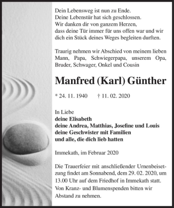 Traueranzeige von Manfred (Karl) Günther  von Magdeburger Volksstimme