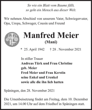 Traueranzeige von Manfred (Mani) Meier  von Magdeburger Volksstimme