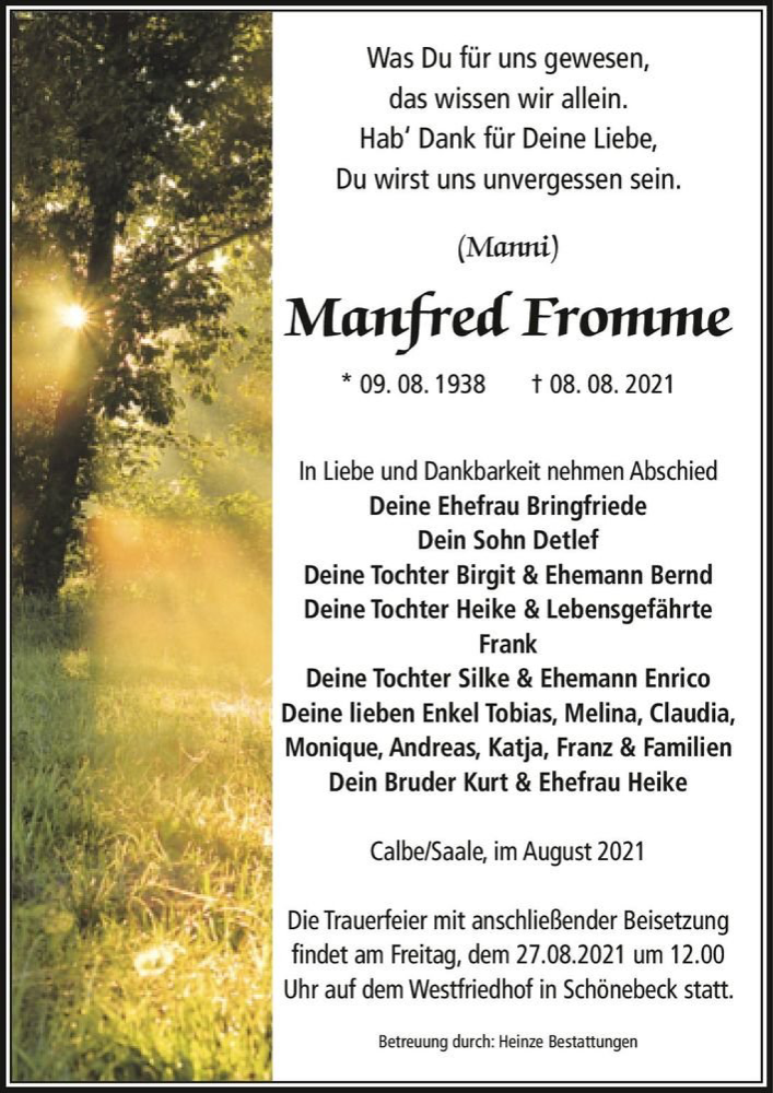  Traueranzeige für Manfred (Manni) Fromme  vom 14.08.2021 aus Magdeburger Volksstimme